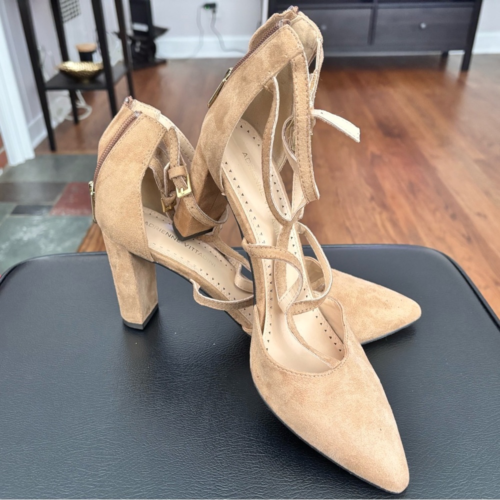 Adrienne Vittadini Tan Suede Pointed-Toe Ankle-Strap Heels